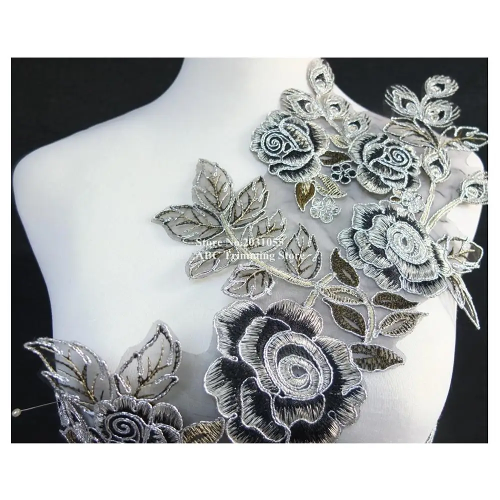 15pcs/lot x Long Silver/Black Rose Flower Embroidery Lace Appliques Collar on Organza Dance Dress Costume Wedding DECOR TBNC117B | Дом и сад