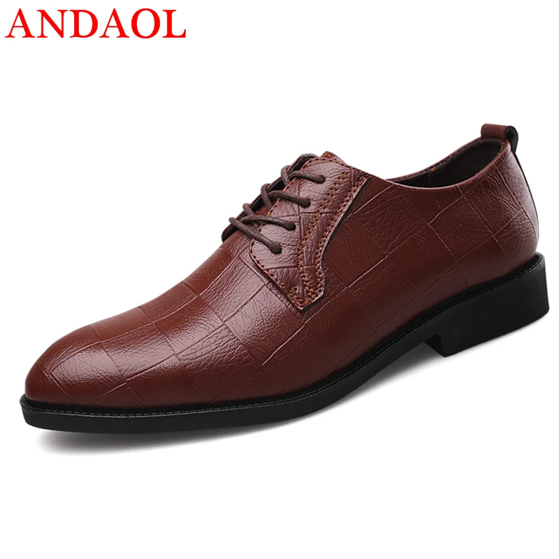 

ANDAOL Men's Leather Casual Shoes Top Quality Bright Leather Plaid Business Office Shoes Luxury Lace-Up Wedding Dress Shoes