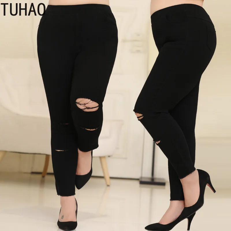 

TUHAO Women's Black Hole Pencil Pants Plus Size 6xl 8xl 10xl Spring Summer Elastic Waist Casual Skinny Trousers MS49