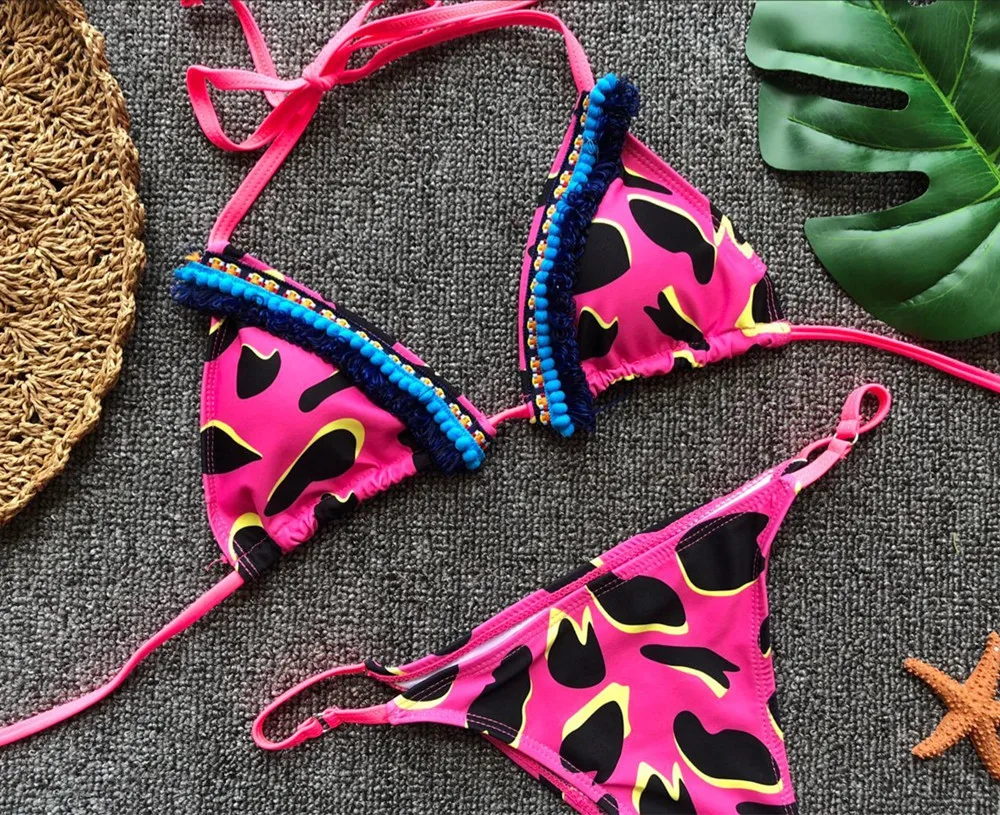Сексуальный леопардовый принт бикини женский купальник с кисточками пуш ап