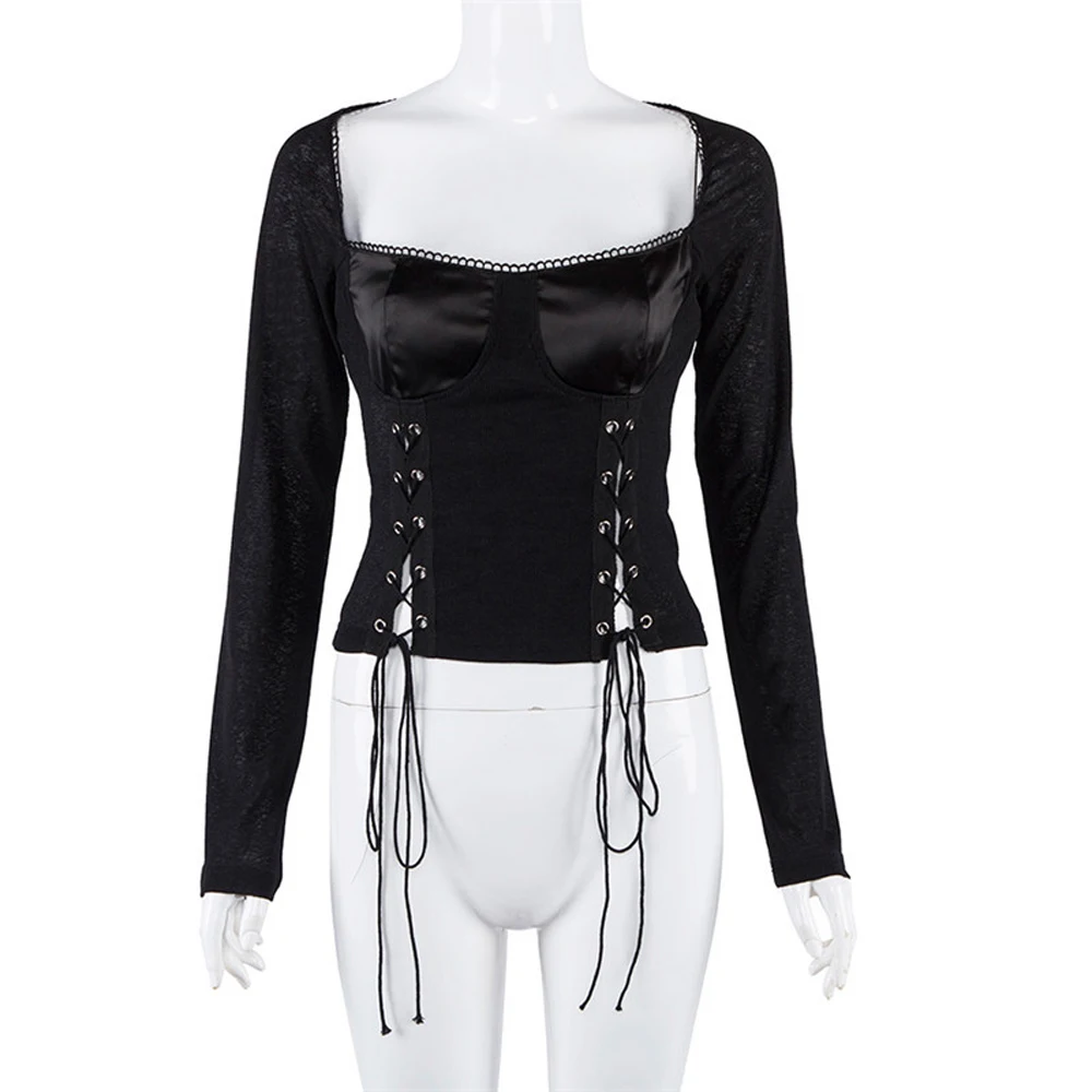 Sexy Low-cut Lace Up Black White Long Sleeve Crop Tops Elegant Soft Base Shirt Wild Vintage Slim T-shirt | Женская одежда