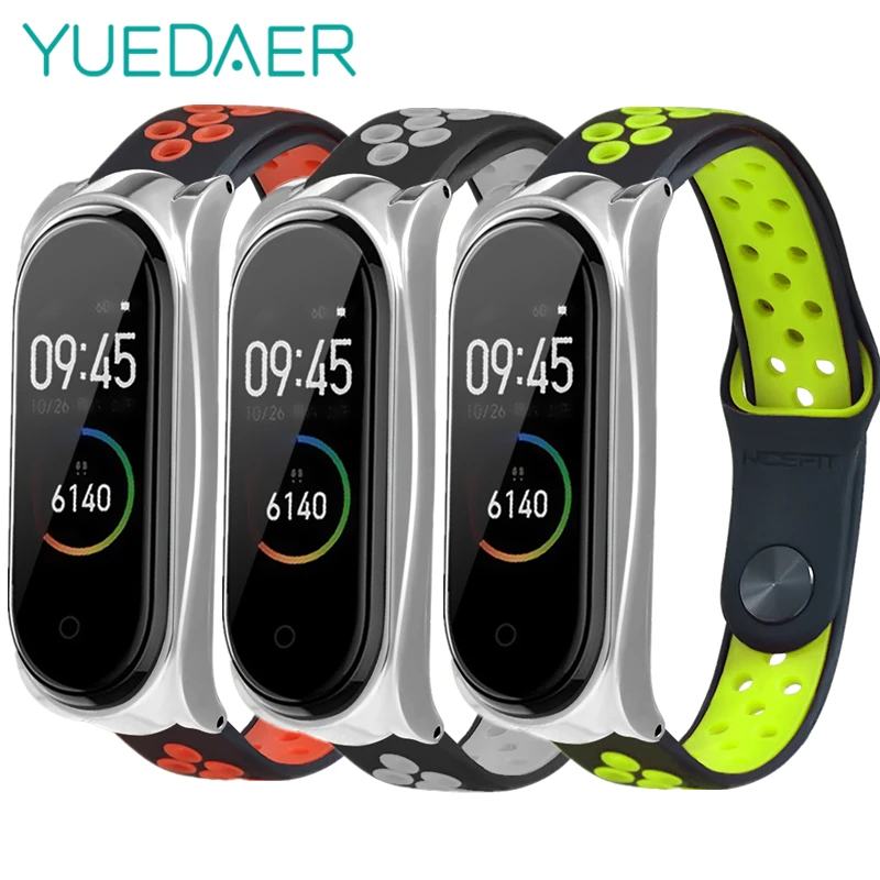 YUEDAER Двойной Цветной силиконовый ремешок для Xiaomi mi Band 4 аксессуары для браслетов TPU Wacthband для mi Band 4 металлическая рамка чехол