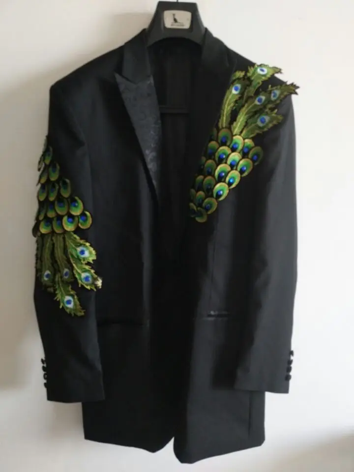 Элегантные черные мужские костюмы с вышивкой павлина 2017 смокинги для вечеринки
