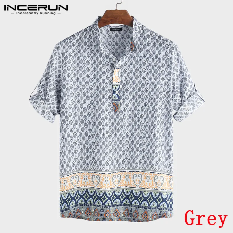 Gray Shirt INCERUN Мужская богемная гавайская рубашка с принтом, свободные топы со стоячим воротником и коротким рукавом, Camisa, пляжные повседневные рубашки, мужские пуловеры 5XL - Цвет: Gray Shirt