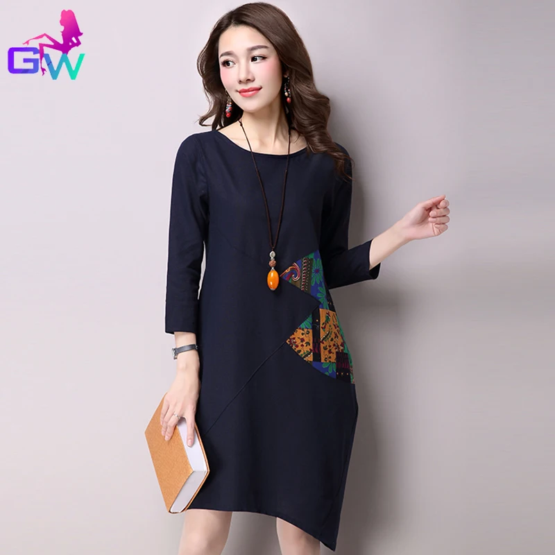 Женщины Хлопок Белье Платье 2016 Весна Осень Старинные Лоскутное Платья Три