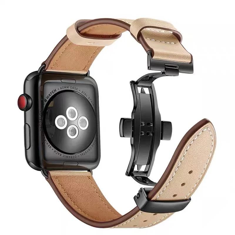 Высокое качество кожаный ремешок для наручных часов Apple Watch Series 4 44 мм 40 мм черный застежка-бабочка, браслет на запястье, ремешок для наручных часов iWatch 3/2/42 38 мм - Band Color: Khaki