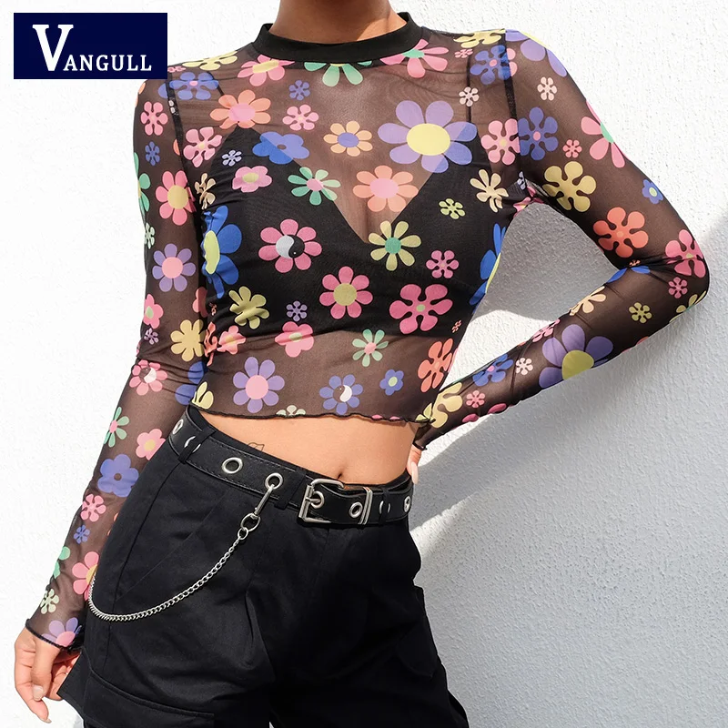 Vangull Black Mesh Сексуальная футболка Для женщин с длинными рукавами принтом Короткие