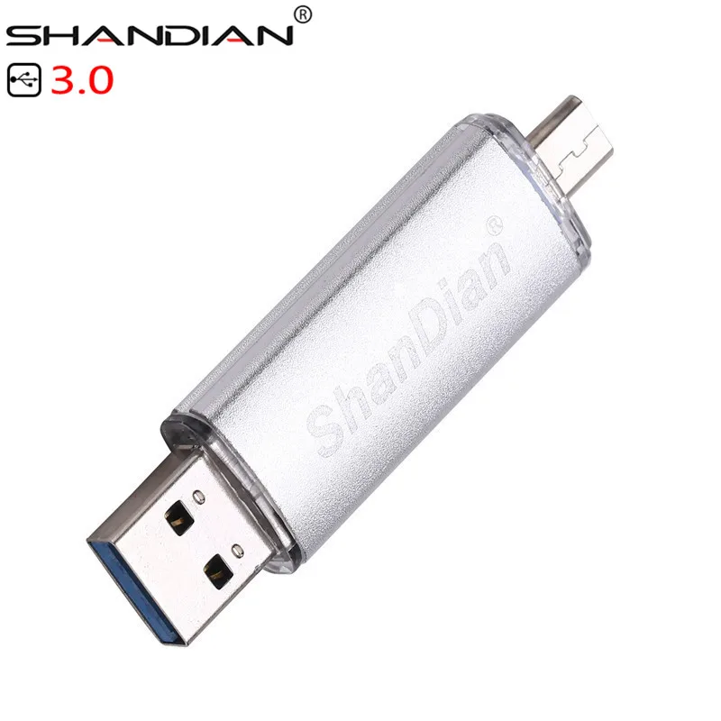 SHANDIAN USB 3,0 быстрая скорость OTG флеш-накопитель 64 Гб металлический USB флеш-накопитель 128 ГБ 32 ГБ 16 ГБ 8 ГБ двойное использование Флешка флеш-накопитель - Цвет: Silver