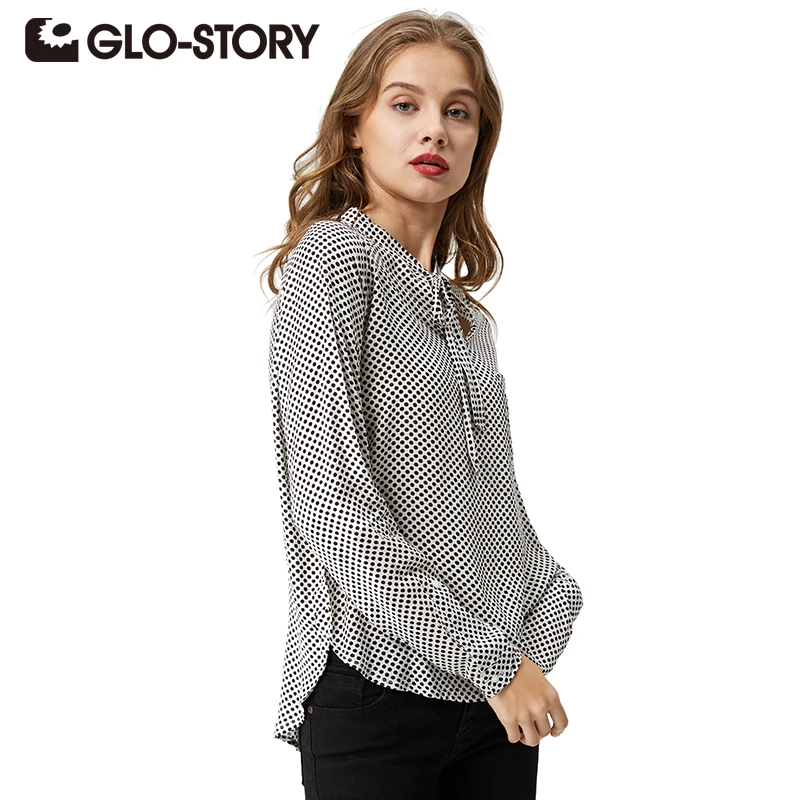 

GLO-STORY 2018 Casual Long Sleeve Shirt Women Plus Size Bow Polka Dot Autumn Chiffon Blusas Feminina 3003