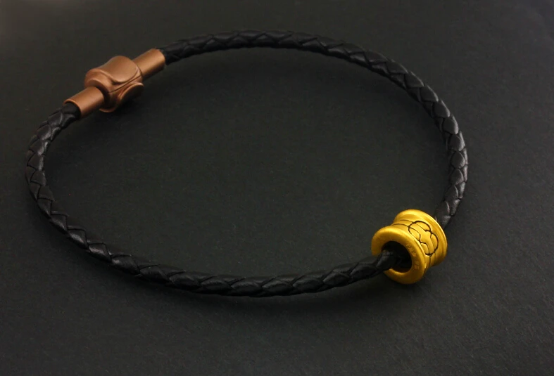 

New Arrival Pure 24K Yellow gold Peace Loose Beads Leather Bracelet 0.95G