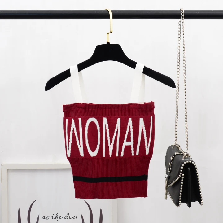 Красный ALPHALMODA Для женщин Стиль Письмо Вязание Chic укороченные трикотажная кофточка блок Цвет короткие Трикотажный Слинг Топ Спортивная летние майки - Цвет: Красный