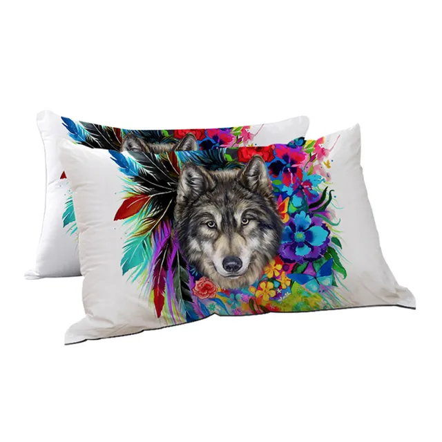 BlessLiving Floral Boho Wolf Sleeping Pillow Cool Wildlife Down Alternative Body Pillow Rainbow Flower Blossoms Bedding 1pc 5