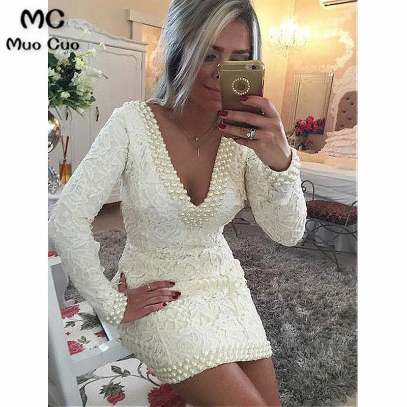 2018 вечерние платья с длинным рукавом и кружевом жемчугом V-образным вырезом