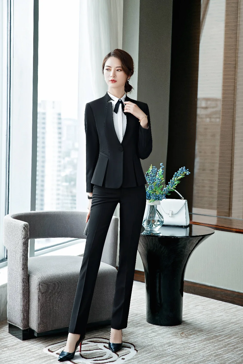 Черные брючные костюмы официальная Женская Офисная Униформа OL дизайнерская