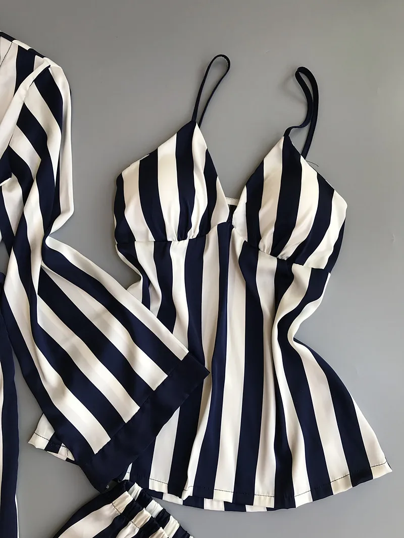 ZDFURS*Women Pajamas Set Satin Sleepwear 3 Pieces Spaghetti Strap Stripe Parttern Sexy Lingerie Silk Pijama Home Clothing Pyjama