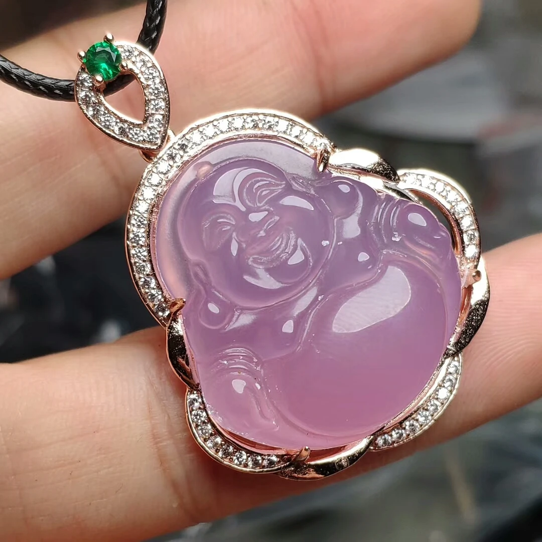 Koraba S925 Sterling Silver Natural Pink Jade Chalcedony Buddha Pendant Leather Rope Gemstone Necklace Women Luxury Jewelry
