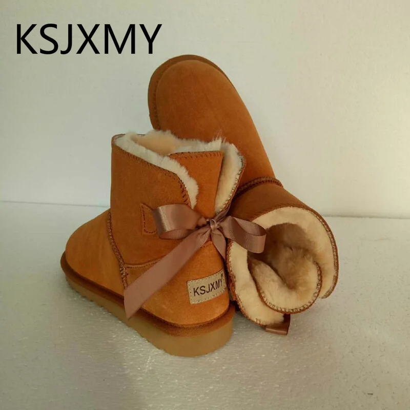 KSJXMY Брендовые женские зимние ботинки 100% с коротким бантом из натуральной кожи