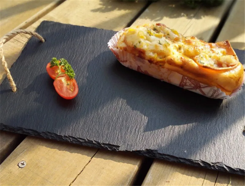 Sling slabs ручка Западный натуральный сланец блюда твердый квадратный камень суши стейк барбекю тарелка сыра пиццы плоская Фруктовая тарелка еда лоток