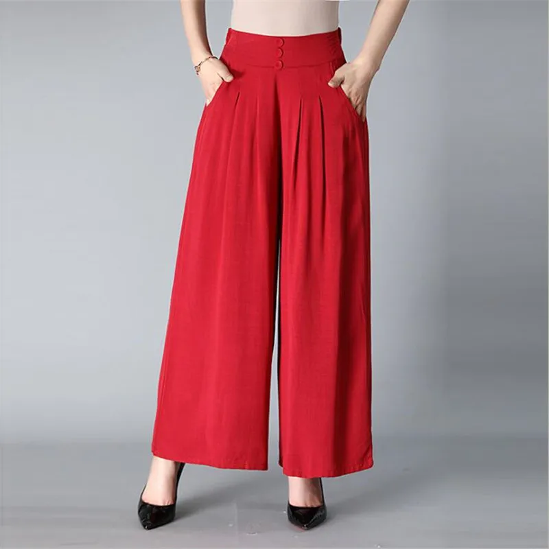 Women Spring Summer Wide Leg Ankle-Length Pants Casual Loose High Waist Solid Linen Trousers Casual Pants Female