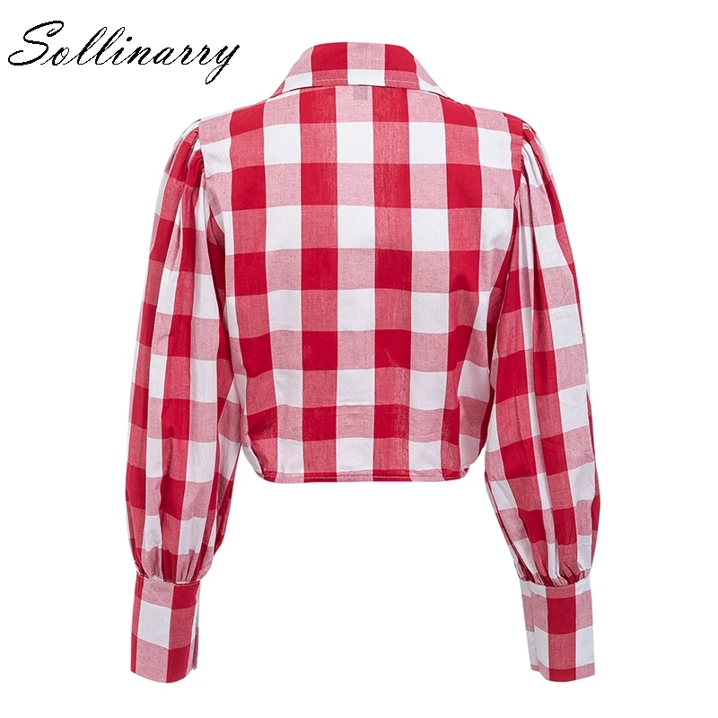 Sollinarry, красный, белый, в клетку, с длинным рукавом, женские топы, блузка, повседневная, v-образный вырез, блузка, женский кардиган, бант, блузка, рубашка, блуза