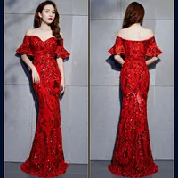 Red Floral Sequin V Neck Flare Sleeve Nightclub Wear Elegant Long Party Dresses Evening 2018 Women Sexy Formal Dress For Wedding