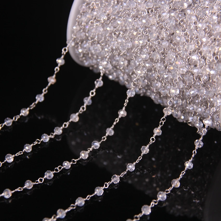 

5Meter 3x4mm Clear AB Glass Wire Wrapped Silver Plated Brass Rosary Chain,Crystal Faceted Rondelle Bead Link Chain DIY Necklaces