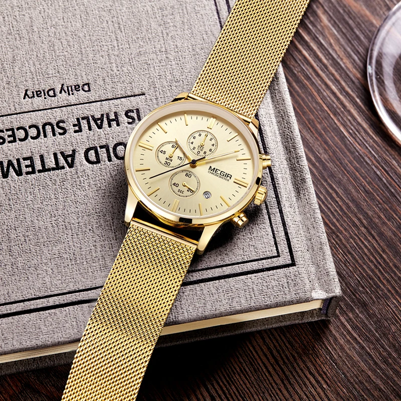 Reloj Hombre MEGIR Роскошные Брендовые Часы для мужчин золотой цвет хронограф кварцевые часы для влюбленных человек набор часов Montre Homme Relogio Saat