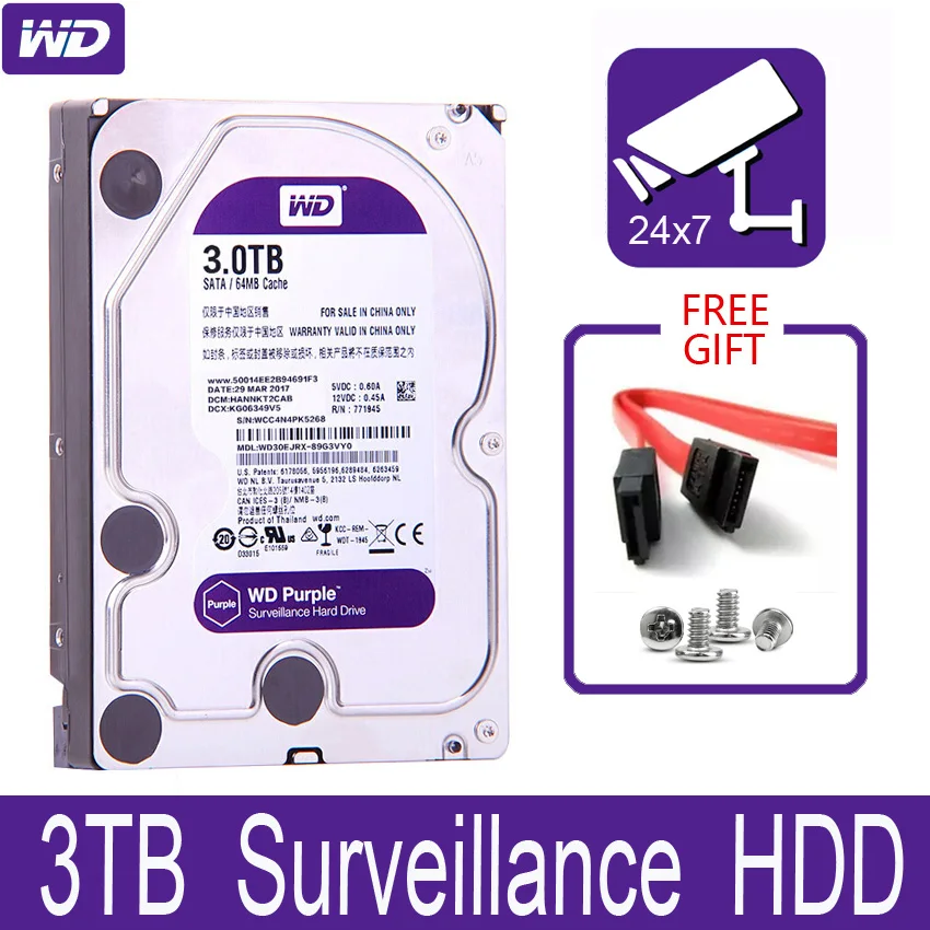 WD фиолетовый 3 ТБ видеонаблюдение внутренний жесткий диск 5 &quot64M Кэш SATA III 6 ГБ/сек.