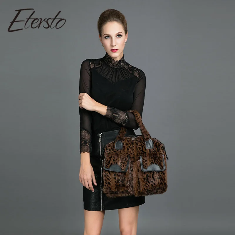 Etersto Новинка 2017 года реальный Браун норки женские сумки обувь из кожи и меха Сумка