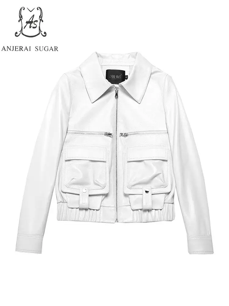 Autumn women Sheepskin Genuine Leather jacket white motorcycle Elastic waist zipper pockets real leather jaqueta couro feminina | Женская