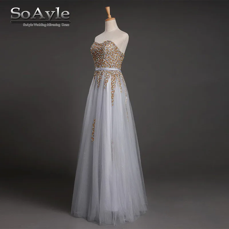 Женское вечернее платье с блестками SoAyle золотистое/серебристое длинное Тюлевое