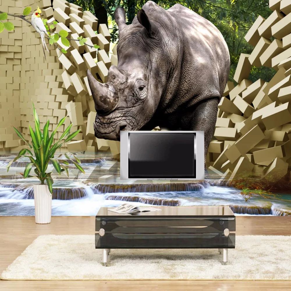 Пользовательские большой настенной бумаги 3D стерео Rhino сломанной стены ТВ фоны для фотосъемки гостиной спальни нетканые обои