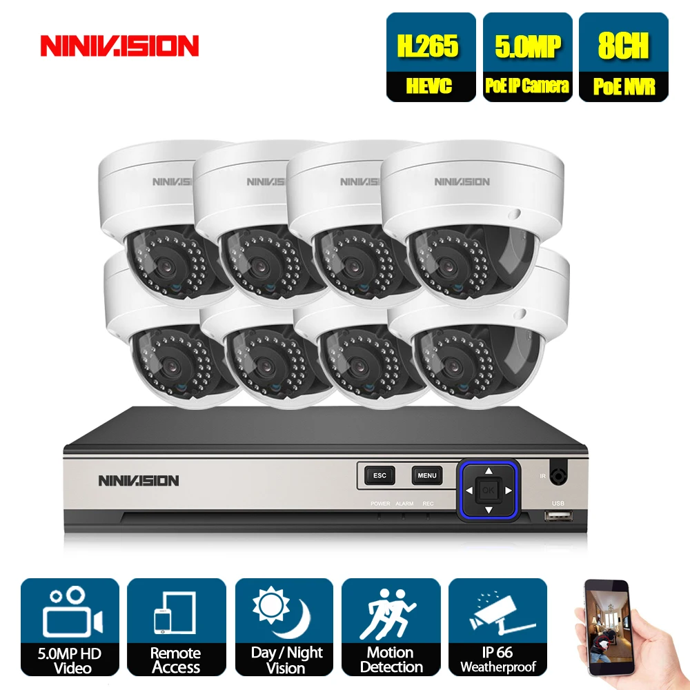 H.265 система видеонаблюдения POE NVR Kit 8CH 5.0MP Водонепроницаемая IP камера купольная