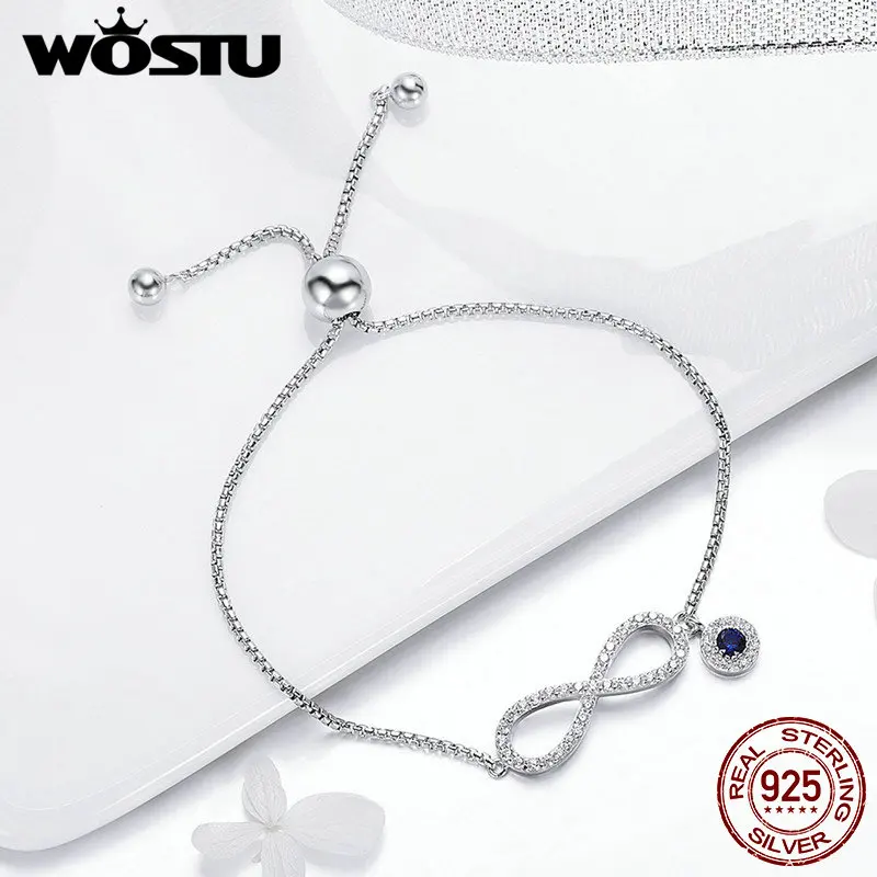 WOSTU, 925 пробы, Серебряный сверкающий бесконечный женский браслет на цепочке, свадебное регулируемое серебряное ювелирное изделие, подарок CQB087