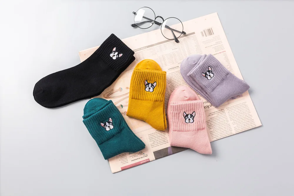 Kawaii winter women dog socks japanese style crew cotton girl sock Christmas skarpetki funny cute harajuku yellow pink black