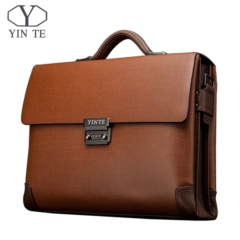 

YINTE Leather Men's Briefcase Classic Business Brown Bag Lawyer Office Document Messenger Shoulder Totes Case Portfolio T8369-8