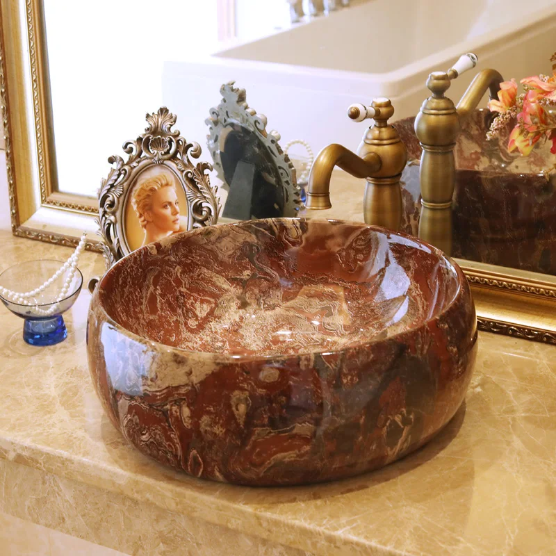 Круглая раковина для умывальника настольная с имитацией камня ручная роспись