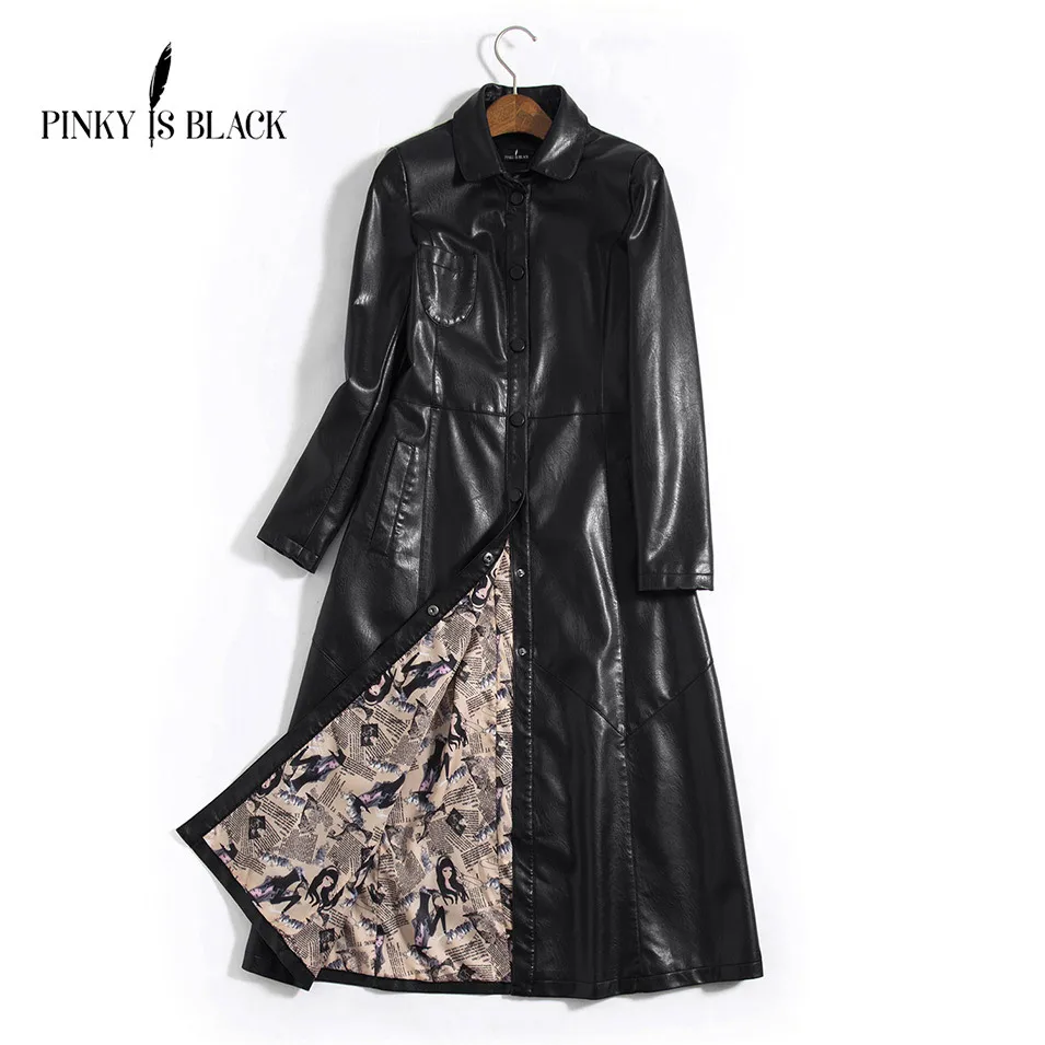 Pinky Is Black S-5XL X-long Leather Jacket Women 2019 Winter New Coat Female Fashion Solid Turn Down Collar Single Breasted