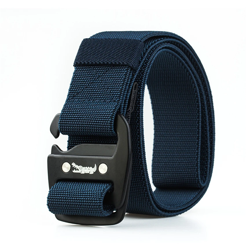 Dark Blue Belt Эластичный холщовый ремень для мужчин для джинсов, брюк, армейский крокодиловый дизайнерский ремень с металлической пряжкой, повседневный длинный нейлоновый пояс, черный мужской подарок - Цвет: Dark Blue Belt