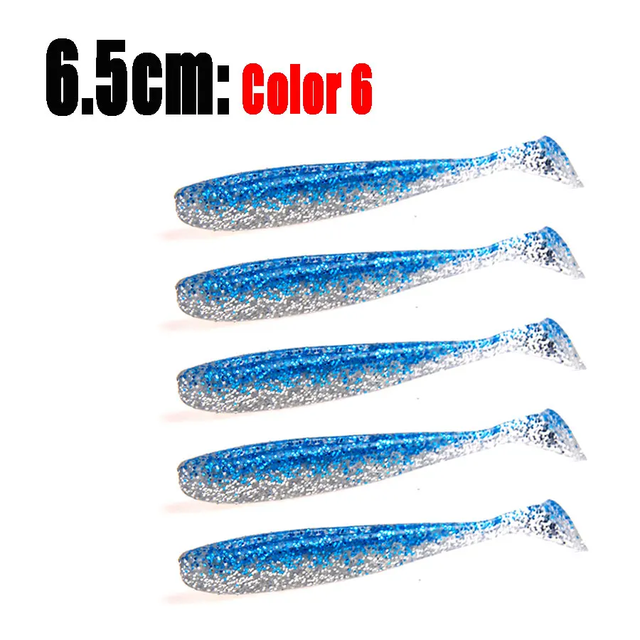 65mm color6 5 шт., 7 см, 2 г, искусственная Мягкая силиконовая приманка для ловли карпа, пластиковые приманки для воблера, Т-образный хвост, весло, хвост мягкой рыбы, приманки - Цвет: 65mm color6