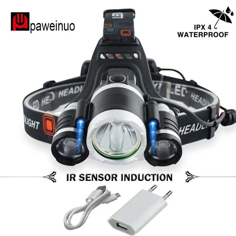 CREE XML-T6, ИК-датчик, налобный фонарь, микро USB, перезаряжаемый, 18650, светодиодная фара, прожектор, светодиодный головной фонарь, лампа, водонепроницаемый