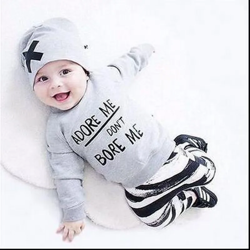 Autumn New Fashion Infant Baby Long Sleeve Print Suit Zebra Striped Pants+Gray Top Winter Clothing+X Design Hat | Детская одежда и