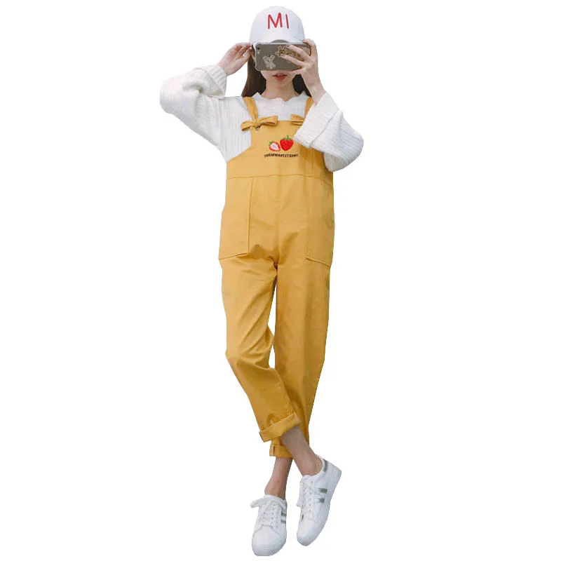 Harajuku Милый комбинезон для женщин шикарный BF Стиль Kawaii джинсы с вышивкой клубники хлопковые джинсы для женщин#2804