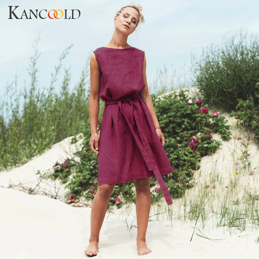 Женское платье с круглым вырезом KANCOOLD однотонное Бандажное без рукавов из хлопка