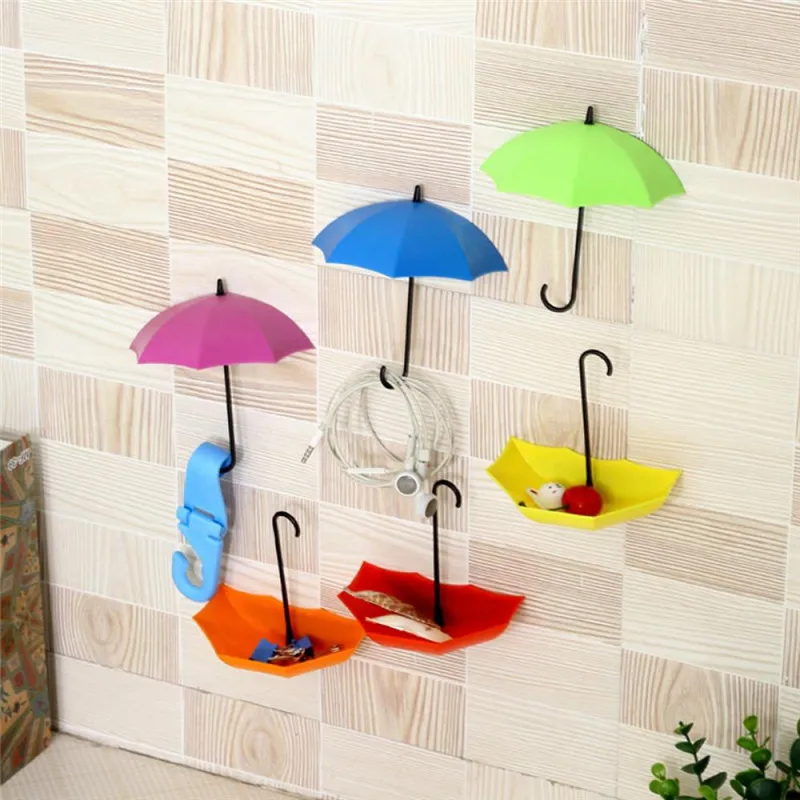 

New Hot 3pcs Umbrella Design Wall Hooks Household Cute Self Adhesive Wall Door Hook Sundries Hook Hanger Home Wall Decorations