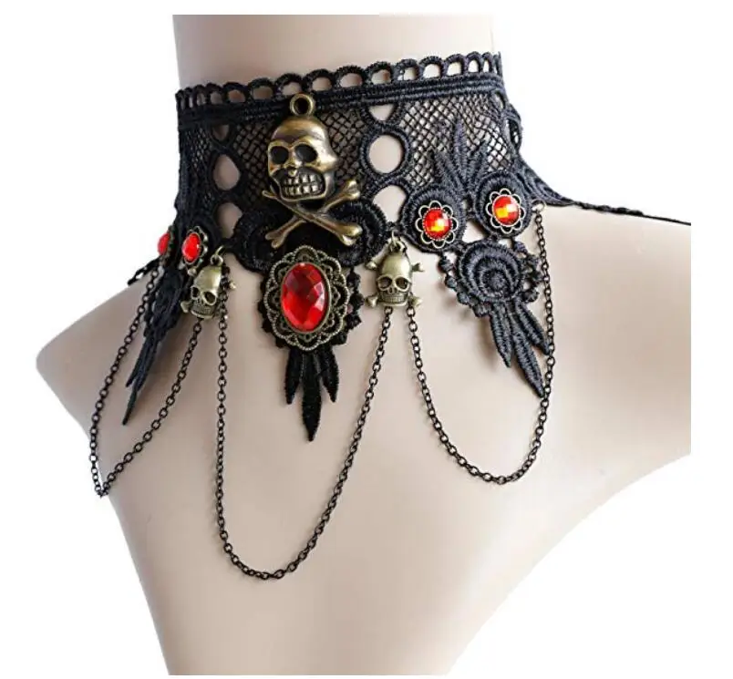 Black Lace Skull Gothic Pendant Choker Necklace for Costume Party | Украшения и аксессуары