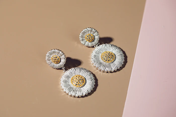 CMAJOR Solid Sterling Silver Jewelry Two Tone Vintage Elegant Daisy Bellis Perennis Drop Earrings For Women