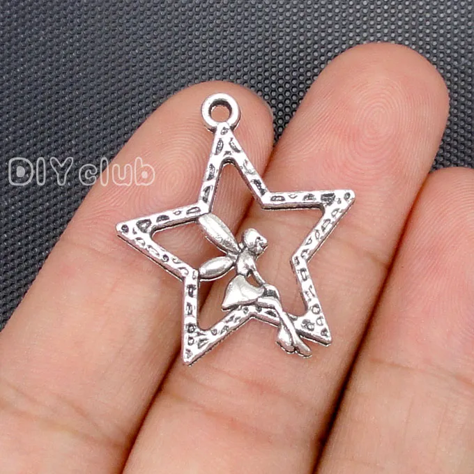 

60pcs-Fairy Charms Antique Silver Intricate and Dainty Sitting in Star 29x25mm