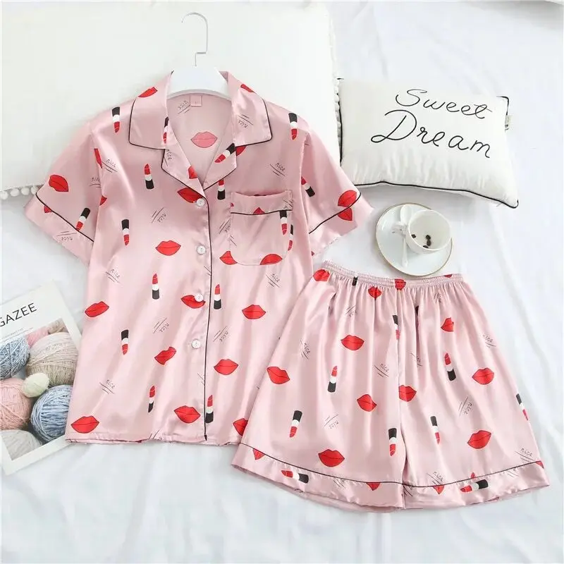 Атласная Шелковая пижама с коротким рукавом и принтом женские пижамные