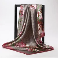 women silk scarf fashion flower print square head scarves lady luxury brand shawls silk women scarf foulard satin hijab 9090cm